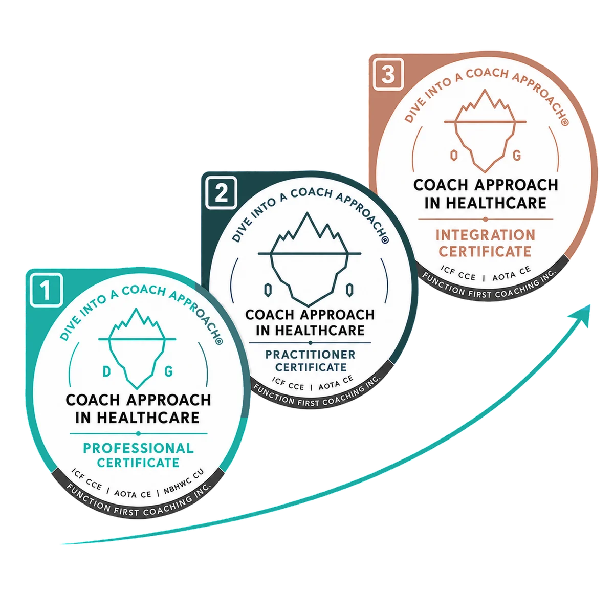 The three stackable Coach Approach in Healthcare certificates: Professional Certificate at Level 1, Practitioner Certificate at Level 2 and Integration Certificate at Level 3, rising in sequence.