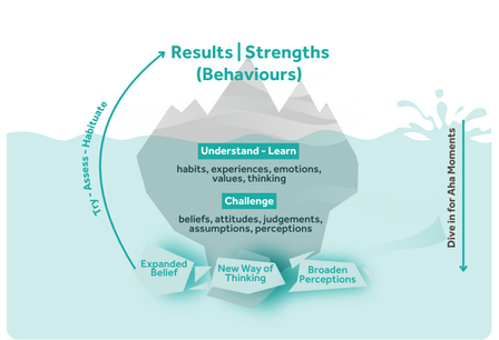 The Dive Into a Coach Approach Model showing the iceberg: behaviours at the surface, with beliefs, attitudes, judgments, assumptions, and perceptions beneath