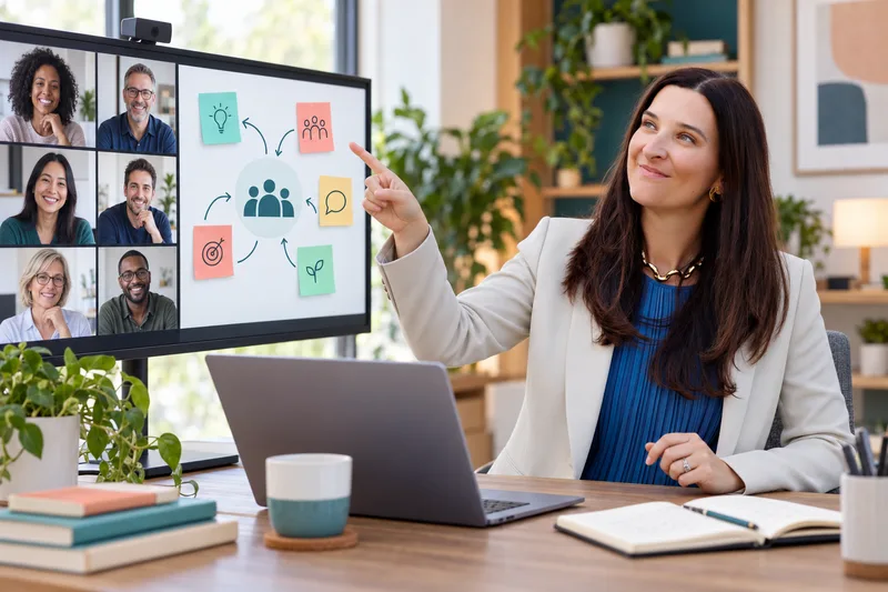 Illustration of Hélène leading an online workshop with participants on screen.